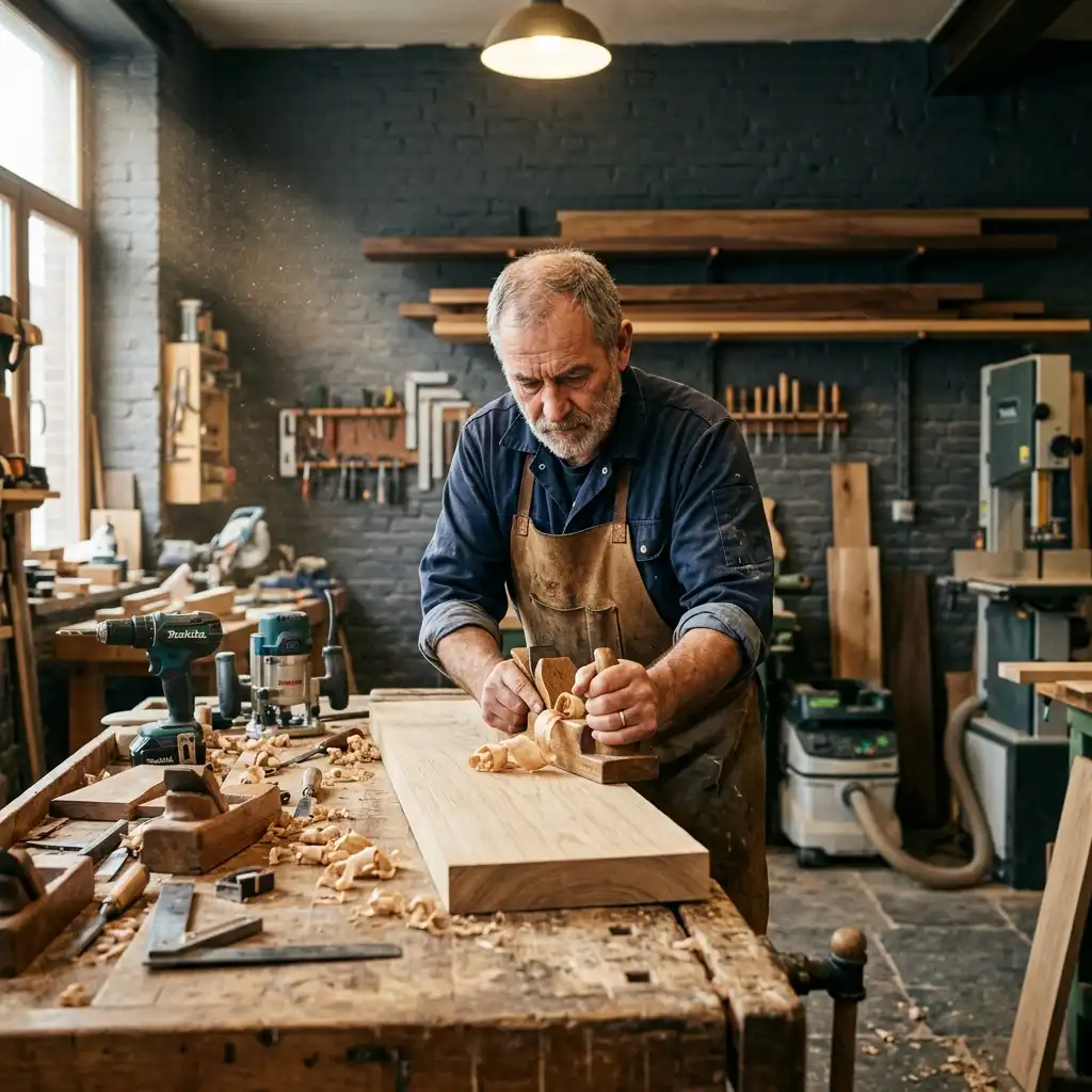 Artisan Menuisier Liège travaillant le bois